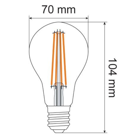 A70 12W filament dimbaar 2700K maten